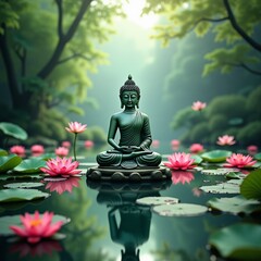 The statue of Buddha sits in serene meditation