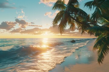 High Definition Image of Exotic Beach by the Ocean with Palm Trees at Sunset