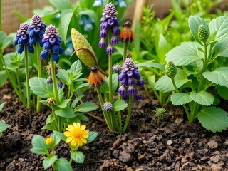 Vibrant Spring Garden Grape Hyacinths, Yellow Flowers, Greenery in Soil, Close-up Nature Scene, Floral Bloom, Garden Bed.