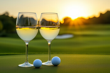 golf balls and wine in front of a golf course 
