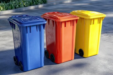High Detail Picture of Three Trash Containers in Different Color