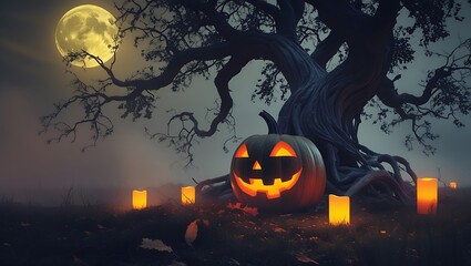 Spooky Night: A jack-o'-lantern glows amidst an eerie, moonlit scene, evoking the spirit of Halloween. Beneath a gnarled tree, the pumpkin is surrounded by flickering candles.