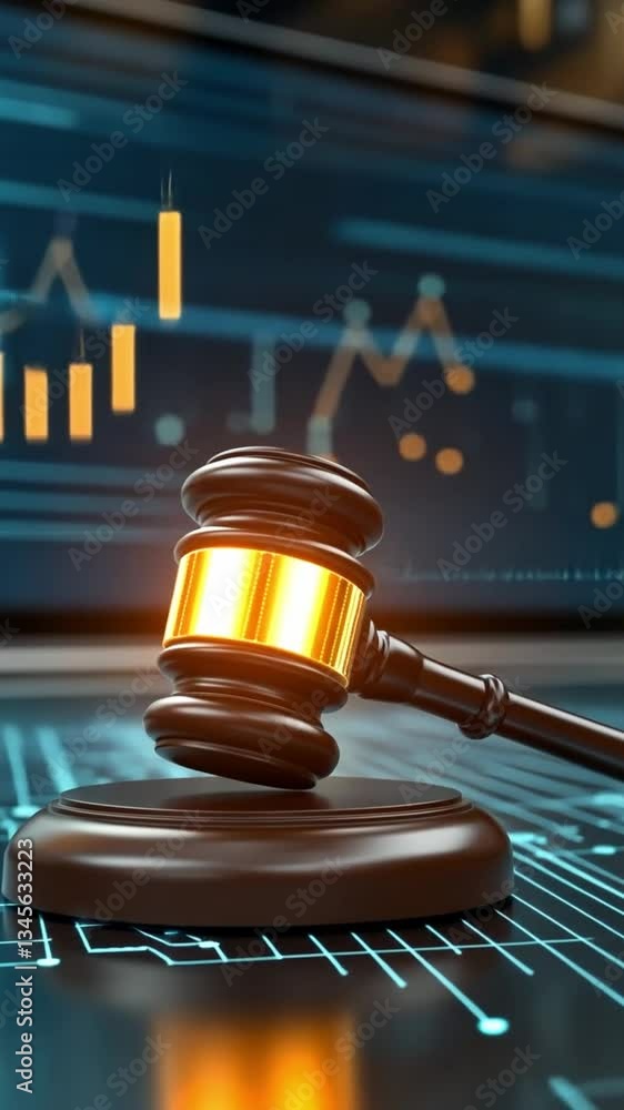 Poster judicial gavel rests on digital court table with statistics and analytics in background