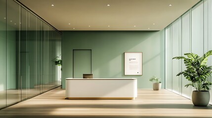 A bright and airy office space with a contemporary aesthetic, showcasing a sleek white reception desk, soft green walls, and an empty poster for branding.