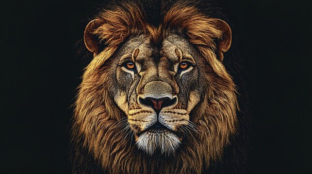 Dramatic close-up of lion?s majestic face, isolated on a dark background for impact