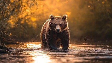 Obraz premium Brown bear walks through a shallow river at sunset with golden light creates a magical.
