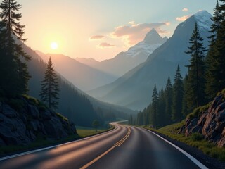 Serene mountain landscape with winding road and majestic peaks
