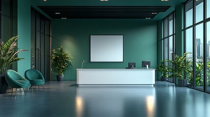 A contemporary office space designed for productivity, featuring a stylish white reception counter, deep green walls, and a blank poster on the wall for branding.