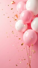 Pink and white balloons with gold confetti on soft pink background