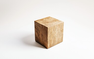 Natural wooden block sits on a minimalist surface highlighting its texture and grain in soft lighting