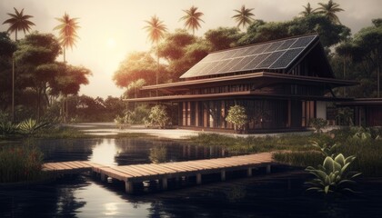 Fototapeta premium Tropical Eco-House by a Pond at Sunrise