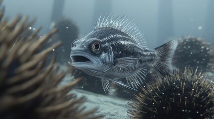 Underwater Scene Featuring a Fish Swimming Among Sea Urchins