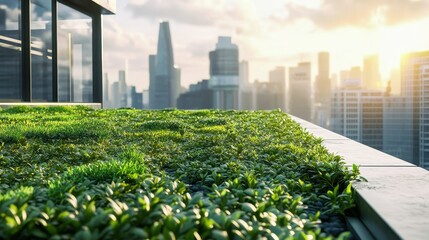 Fototapeta premium Urban Rooftop Garden with Lush Greenery and City Skyline View