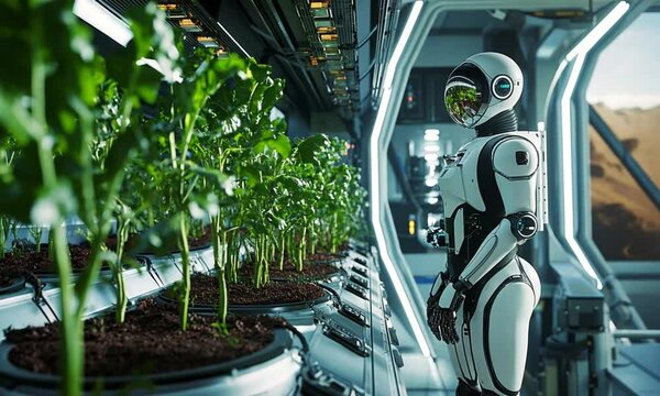 A futuristic robot inspects a hydroponic garden on an alien planet, nurturing plants.