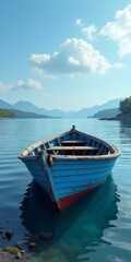 A serene lake scene with a blue boat and mountains in the distance