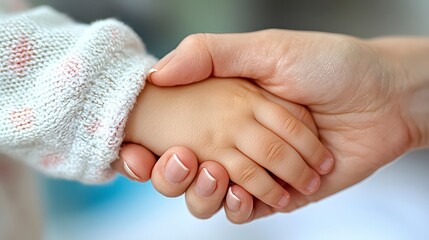 Compassionate Care A Close-up of a mother holding her childs hand during vaccination, a powerful image capturing the essence of parental support and reassurance during a potentially anxious moment