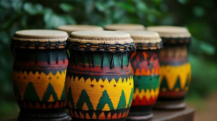 Vibrant African Djembe Drums in a Row