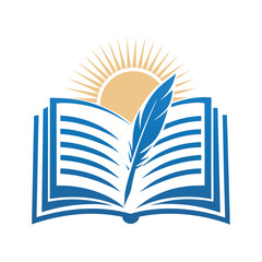 Open Book with Feather Pen and Sun Vector Design