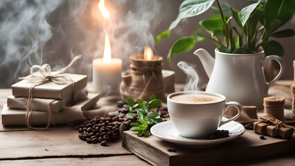 A steaming cup coffee sits a rustic wooden table, surrounded gifts, candles, coffee beans, creating a cozy relaxing atmosphere.