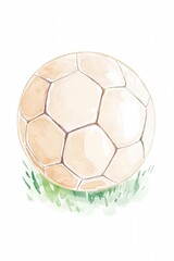 Obraz premium A charming watercolor illustration featuring a soccer ball resting on green grass, perfect for sports enthusiasts and art lovers alike.