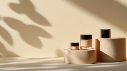 Beige Cosmetic Products Displayed on Wooden Stands in Sunlight
