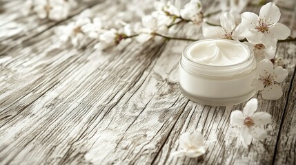 Obraz na płótnie Canvas Luxurious Face Cream in Glass Jar with Blooming Spring Flowers on Rustic Wooden Background