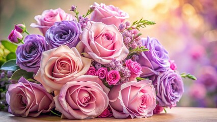 Fototapeta premium Lilac Rose Bouquet, Close-up, Soft Focus, Pastel Pink Purple Flowers, Floral Photography