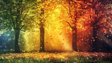 Three trees in autumn with a vibrant display of colors Sunlight beams through the falling leaves creating a magical.