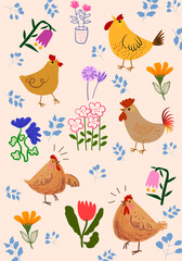 Cute baby chicks and hen hand drawn pattern vector illustration. Design for poster, cards, banner, wallpaper, textile.