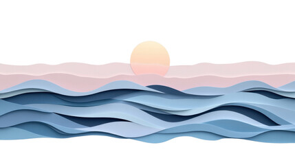 Paper cut waves and sun on transparent background