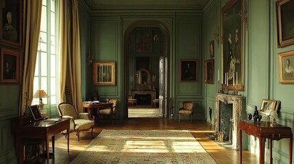 Fototapeta premium An elegant and spacious room with tall green walls, framed wall molding, and wooden floors.