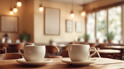 Two white coffee cups sit a wooden table a warm, inviting cafe. background softly blurred, showcasing a relaxed atmosphere.