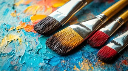 Fototapeta premium Close-up of Paintbrushes on a Vibrant Artist's Palette