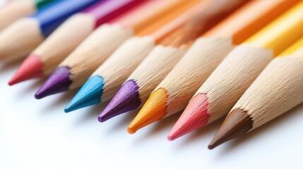 Colorful Pencils Arranged in a Row, Close-Up View