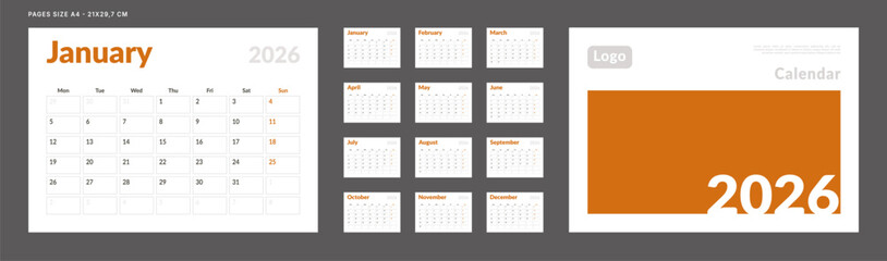2026 Calendar Planner Set of Template Monthly Page and cover with Place for Photo, Company Logo. Vector layout of a wall or desk calendar with week start Monday for print. Page for size A4 -21x29.7cm