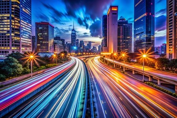 Fototapeta premium Long Exposure Light Trails Cityscape at Night - Urban Abstract Photography