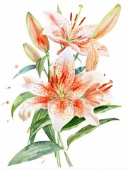 Fototapeta premium Watercolor Asiatic Lily Isolated on White Background. Beautiful Asiatic Lily Flower