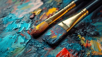 Fototapeta premium Close-up of Paintbrushes on a Colorful Artist's Palette