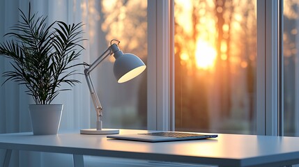 Warm sunset through window, desk lamp and laptop