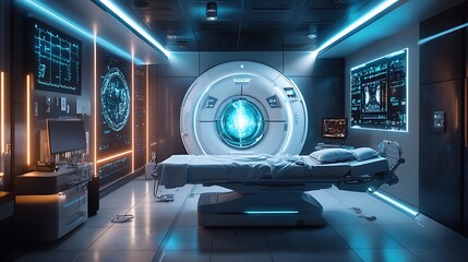 A high-tech MRI scanner in a futuristic hospital room, glowing LED panels on the walls, digital displays projecting 3D medical images, sterile yet advanced environment, soft blue lighting,