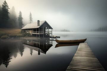 Obraz premium Misty Lakeside Cabin with Canoe (1)