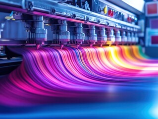 Colorful printing press in action, vibrant inks flowing, industrial factory background, for marketing materials