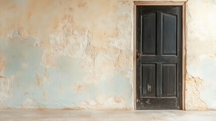 Fototapeta premium Dark Wood Door Against Weathered Wall