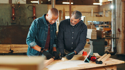 Carpentry, planning and men in workshop for woodwork on furniture, restoration and lumber...