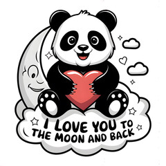A t-shirt design with a large panda bear holding a heart.
