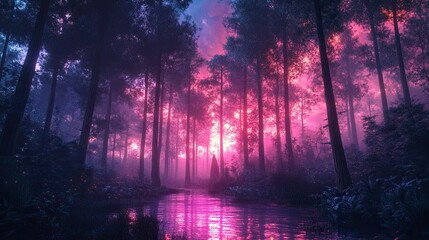 A futuristic forest illuminated by neon at night.