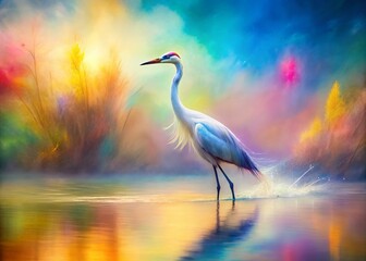 Naklejka premium Long Exposure Watercolor Crane Painting, Artistic Bird Photography, Nature Art