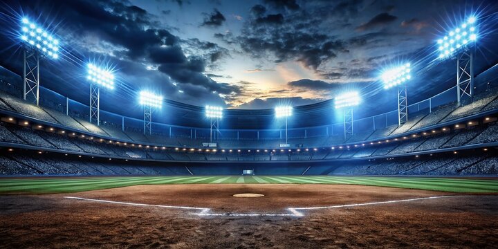 Low Light Baseball Stadium Night Scene, Dramatic Blue & White Background