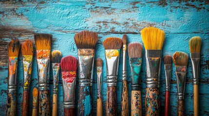 Row of Colorful Paintbrushes on Rustic Blue Wooden Background