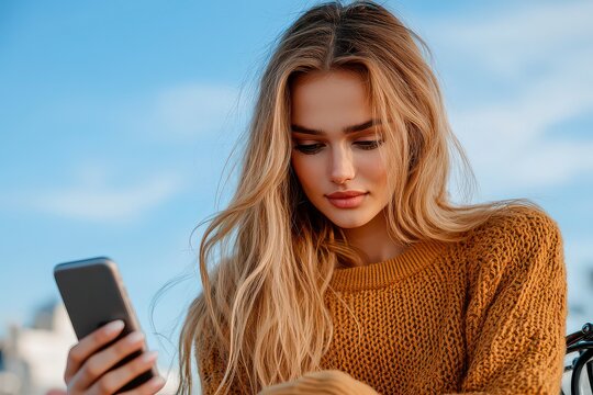Discover urban chic with this Stylish young woman wearing casual fashion, exuding confidence while holding a smartphone She finds a moment of relaxation sitting on a parked bicycle against a vibrant